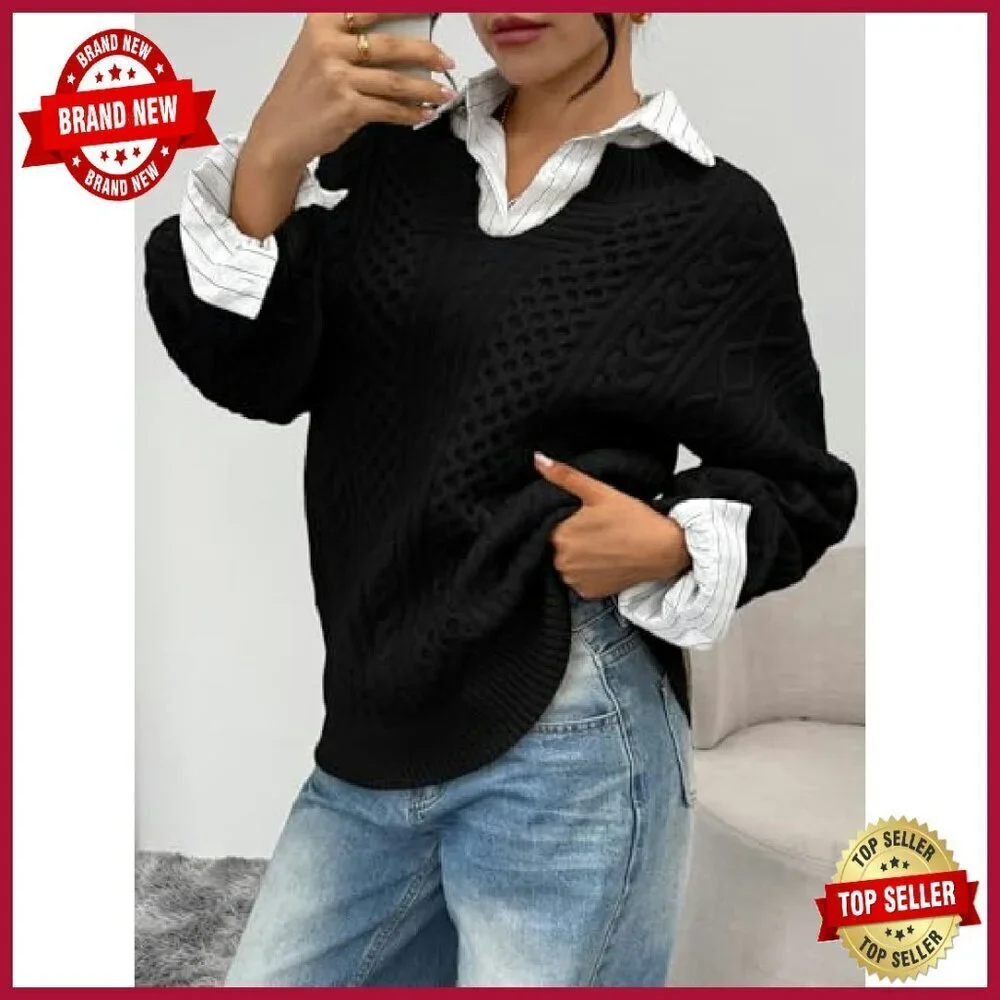 Oversized V-Neck Cable Knit Sweater Women's Cozy Winter Pullover_4